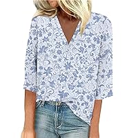 Women's Shirts Casual, 3/4 Sleeve Tops Floral Print Vintage Fashion Loose Neck Plus Size T Tshirts, S, 3XL