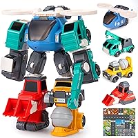 ThinkMax Transform Toys for 3 4 5 6 7 8 Year Old Boys, Robot Toys for Kids 3-5 5-7, 4 Magnetic Construction Trucks Vehicles w/Play Mat, Birthday Gift for Boy, 32 Pieces