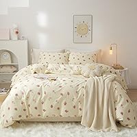 VM VOUGEMARKET Kawaii Kids Bedding Set Twin Strawberry Duvet Cover Set Cotton Fruit Comforter Cover with Zipper for Teen Girls Room Decor-Cream White