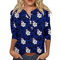 Womens 3/4 Sleeve T Shirts Color Block Printed Graphic Tees Classic Button Up Blouses Loose Fit Trendy Summer Tops
