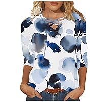 3/4 Length Sleeve Womens Tops Casual Loose Fit Crewneck T Shirts Cute Sunflower Printed Three Quarter Length Tunic Top
