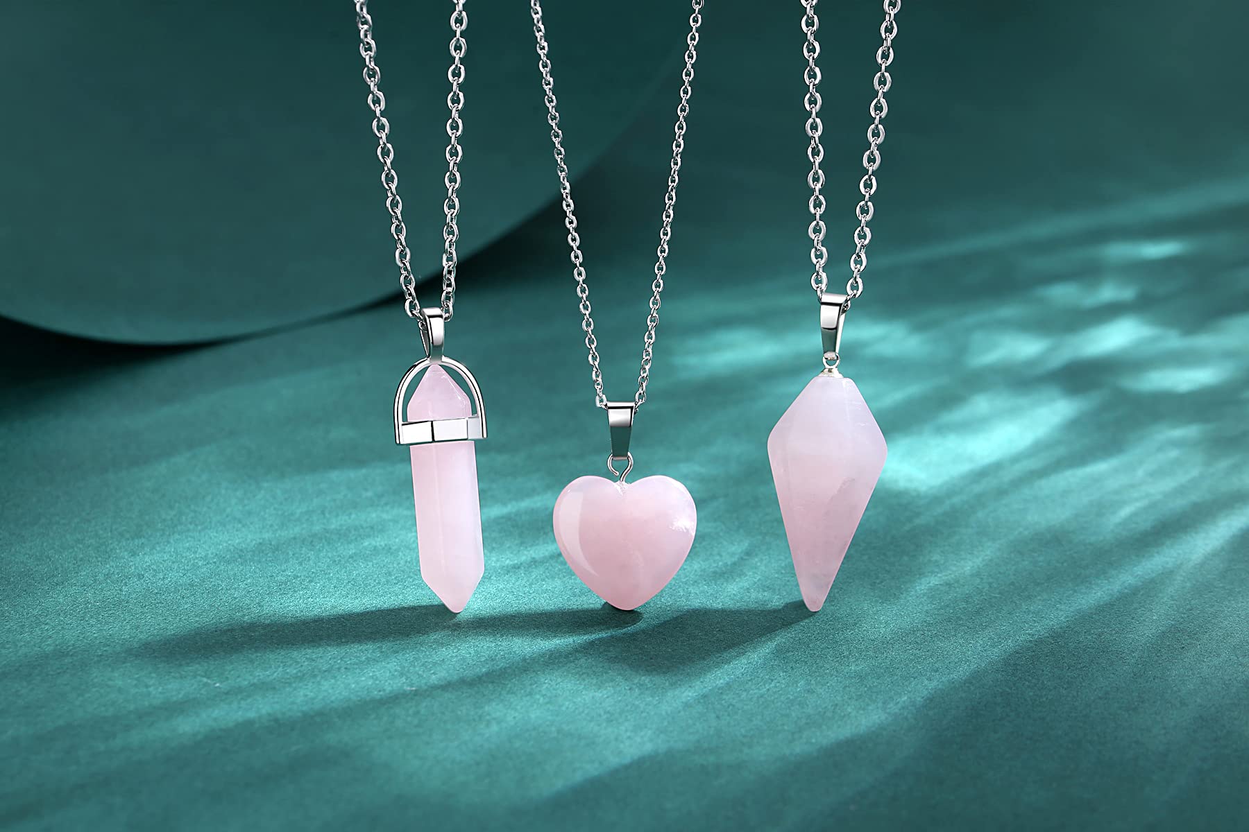 QINJIEJIE Healing Crystal Necklaces Set for Women Necklaces Rose Crystals Quartz Stone Pendant Jewelry Natural Pink Gemstone Heart Hexagonal Column Cone Spiritual Reiki Energy Witchcraft 3 Pcs