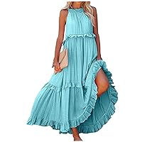 Sleeveless Ruffle Dress, Summer Maxi Dress for Women, Long Off The Shoulder Dress Loose Round Neck Casual Sundress XL Blue
