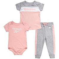 Reebok Baby Girls Clothing Set - 3 Piece Bodysuit, T-Shirt, Leggings Set - Newborn Essentials Clothing for Infants (0-9M)