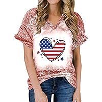July 4th Women Tie Dye Distressed Patriotic T-Shirts Summer Heart USA Flag Casual V Neck Short Sleeve Tee Tops