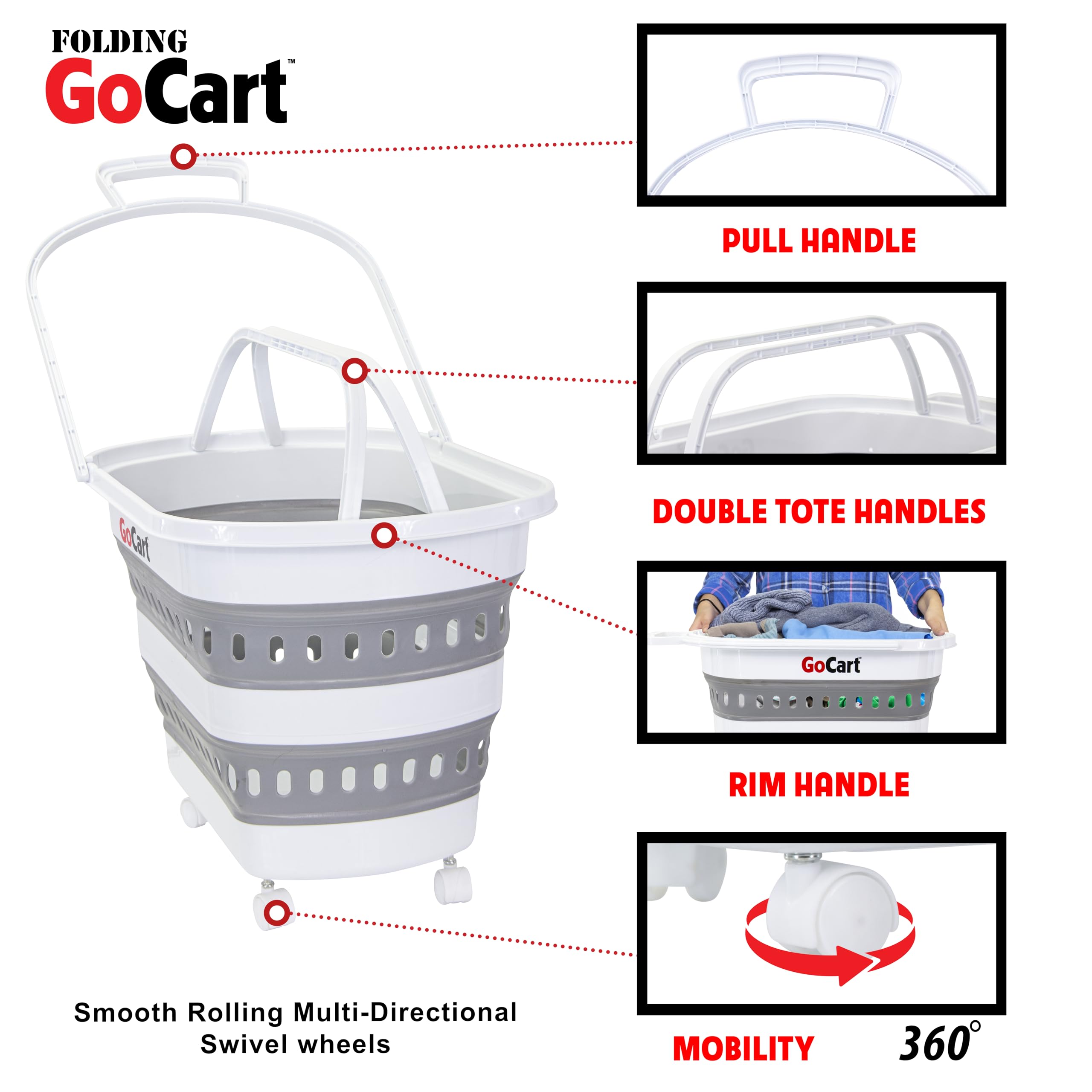 dbest products Folding Gocart Collapsible Laundry Basket on Wheels Grocery Cart Shopping Foldable Pop Up Plastic Hamper Tote Handles Cesto para ropa sucia, White