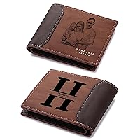 Personalized Picture Bifold Leather Wallet for Men Customized Engraved Photo/Initials/Name/Text Mens Wallets for Dad Husband Son Groomsmen Boyfriend Gifts (Style B: Light Brown)