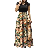 Dresses for Teens, Bridesmaid Dresses Dresses for Women 2024 Sexy Short Sleeve Dress Womens Dressy Ethnic Printed Trendy Large Size Maxi Ladies Round Neck Floral Printting Trendy