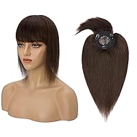 MY-LADY Top Hairpieces for Womem with Bangs Natural Mono Base Topper 100% Real Human Hair Clip in on Hair Piece Straight Middle Part for Hair Loss Thinning Hair Gray 14 Inch 2# Dark Brown
