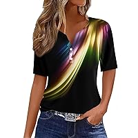 Summer Clothes for Women,Short Sleeve Blouses for Women Fashion V-Neck Button Boho Tops for Women Going Out Tops for Women