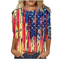 Women 4Th of July Outfit 3/4 Sleeve USA Graphic Tee Nice Crewneck T Shirts Three Quarter Sleeve Tops Casual Blouse