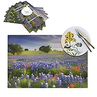 PVC Placemats 6 PCS Heat Resistant Place Mats Texas Bluebonnets Scenery Woven Placemat for Kitchen Non-Slip Dining Table Place Mat Washable Table Placemats for Coffee Table Outdoor