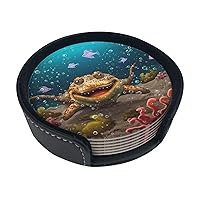 Funny Sea Animals Print Leather Coasters Set of 6 Waterproof Heat-Resistant Drink Coasters Round Cup Mat with Holder for Living Room Kitchen Bar Coffee Decor