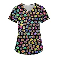 Short Sleeve Tunic Women's Tee Easter Printed Tshirt Trendy Tops V-Neck Workwear Dressy Shirt with Pockets Casual Blouse