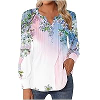 Womens Blouses Dressy Casual Floral Printed Tshirts Long Sleeve Cute Tops Floral Tunics Tops Pleated V Neck Tshirt