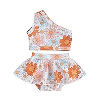 Toddler Baby Girl Two Piece Swimsuit Floral One Shoulder Crop Top Tutu Skirt Bathing Suit Summer Swimwear Tankini