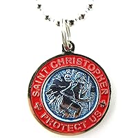 St. Christopher Surf Medal Necklace Pendant, Protector of Travel am/re Aquamarine/Red Small