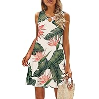 Summer Dresses for Women 2024 Trendy Elegant Boho Crew Neck Sleeveless Hawaiian Floral Casual Tank Dress