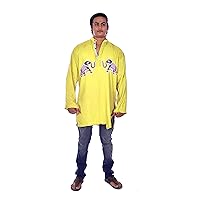 Lakkar Haveli Animal Print Men Shirt Indian Embroidered Kurta Cotton Tunic Ethnic Party Wear Shirt Yellow Color