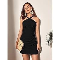 Women's Dress Solid Ruched Detail Halter Dress Women's Dress (Color : Black, Size : Small)