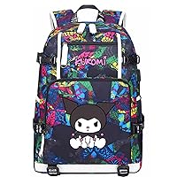 Kuromi Graphic Bookbag Lightweight Canvas Knapsack Cute Large Capacity Daypack with USB Charging Port