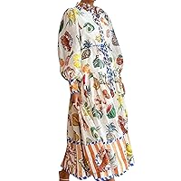 Womens Vintage Shirt Long Dress for Women Lantern Sleeve Autumn Graffiti High Waist Holiday Dresses Lapel Collar