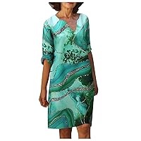 Women's Casual Dress Creative Printing V Neck Knee Length Midi T-Shirt Dress (5-Green,12) 2296