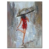 Large Abstract Canvas Wall Art Rain Modern Print Painting Girl Umbrella with Red Dress Walking in Street Huge Figure Artwork