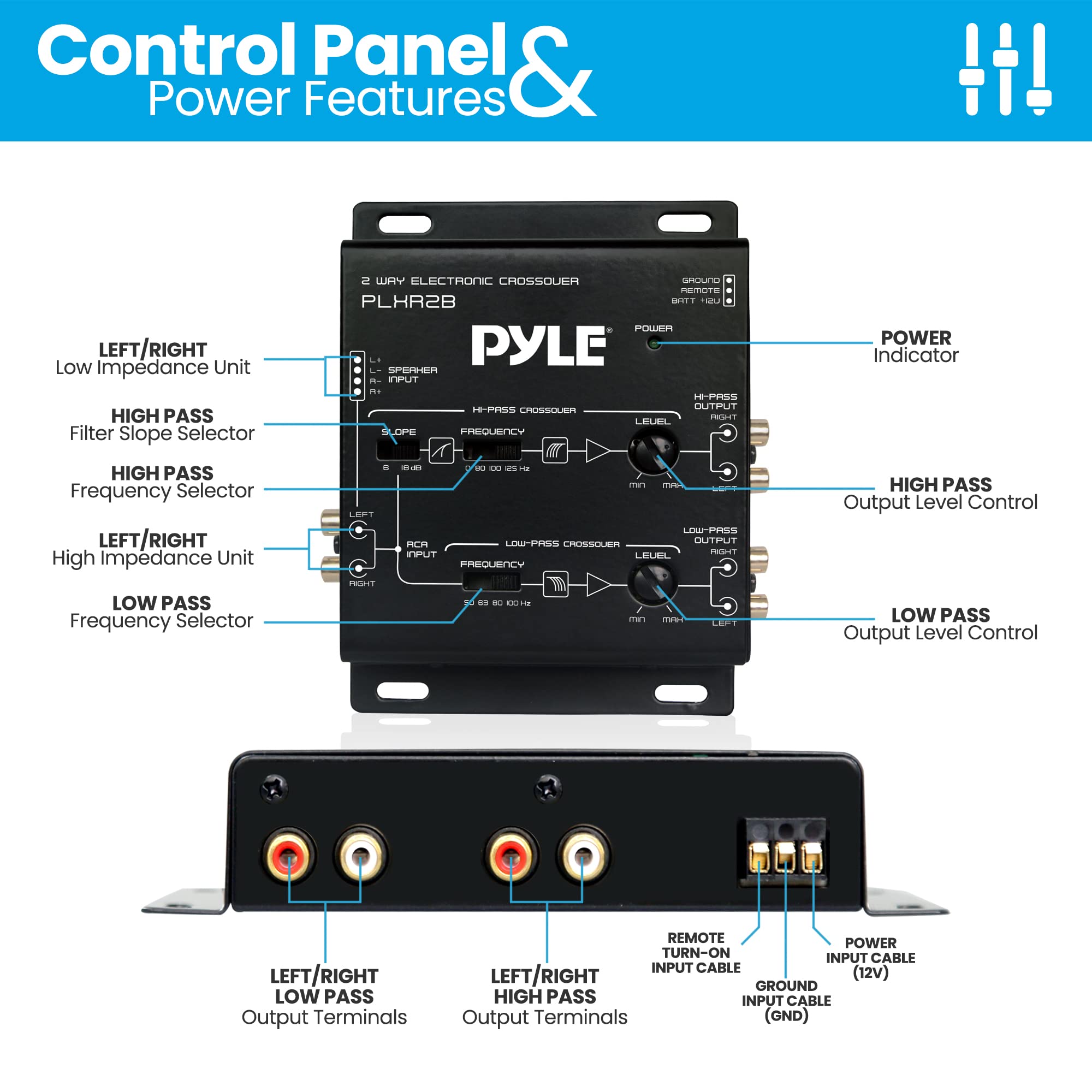 Pyle 2-Way Electronic Crossover Network PLXR2B - Independent High-Pass/Low-Pass Output Level Controls