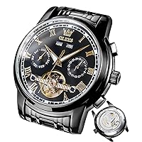 OLEVS Men's Watches Automatic Gold Black Mechanical Watch with Tourbillon Calendar, Waterproof Luminous, Two-Tone Watch