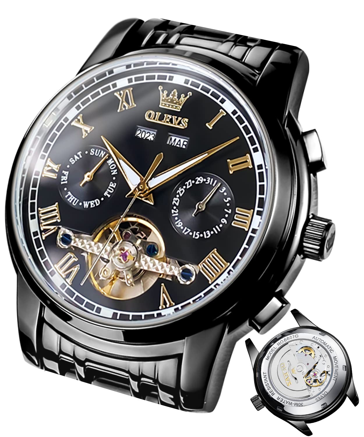 OLEVS Herrenuhren Automatik Gold Schwarz Mechanische Armbanduhr mit Tourbillon Kalender Wasserdicht Leuchtende Zweifarbige Uhren Männer