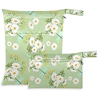 visesunny Chamomile Dragonfly Green Pattern 2Pcs Wet Bag with Zippered Pockets Washable Reusable Roomy for Travel,Beach,Pool,Daycare,Stroller,Diapers,Dirty Gym Clothes, Wet Swimsuits, Toiletries