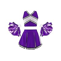 Kids Girls Shiny Sequin Cheer Leader Uniform Costume Tank Crop Tops Pleated Skirt and Pom Poms Outfits