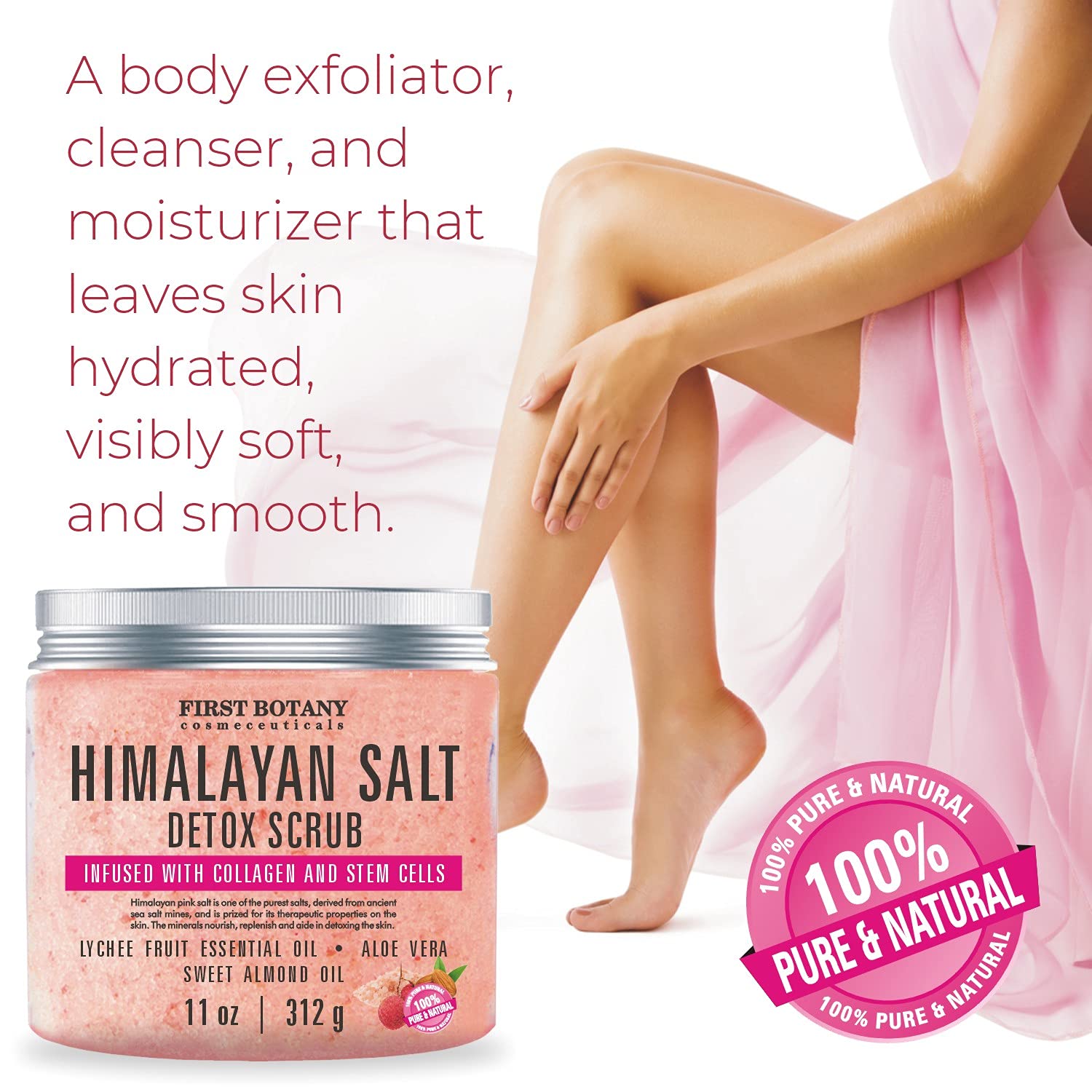 Himalayan Salt Body Scrub with Collagen and Stem Cells - Natural Exfoliating Salt Scrub & Body and Face Souffle helps with Moisturizing Skin, Acne, Cellulite, Dead Skin Scars, Wrinkles (11 oz)