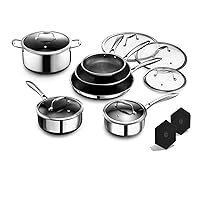HexClad 12 Piece Hybrid Stainless Steel Cookware Set - 6 Piece Frying Pan Set and 6 Piece Pot Set with Lids & 2 Silicone Trivets, Stay Cool Handles, Dishwasher Safe, Induction Ready