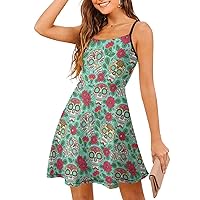 Day of The Dead Sugar Skull Women's Sling Dress Sexy Swing Tank Dress T Shirt Dresses for Beach Casual Travel