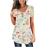 Blouses & Button-Down Shirts Floral Henley V Neck Short Sleeve Casual Regular Fit Womens Tops Casual