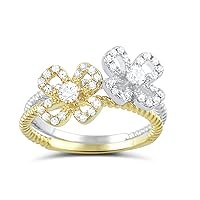 Two Tone Sterling Silver Cz Stackable Flower Ring (Size 4-9)