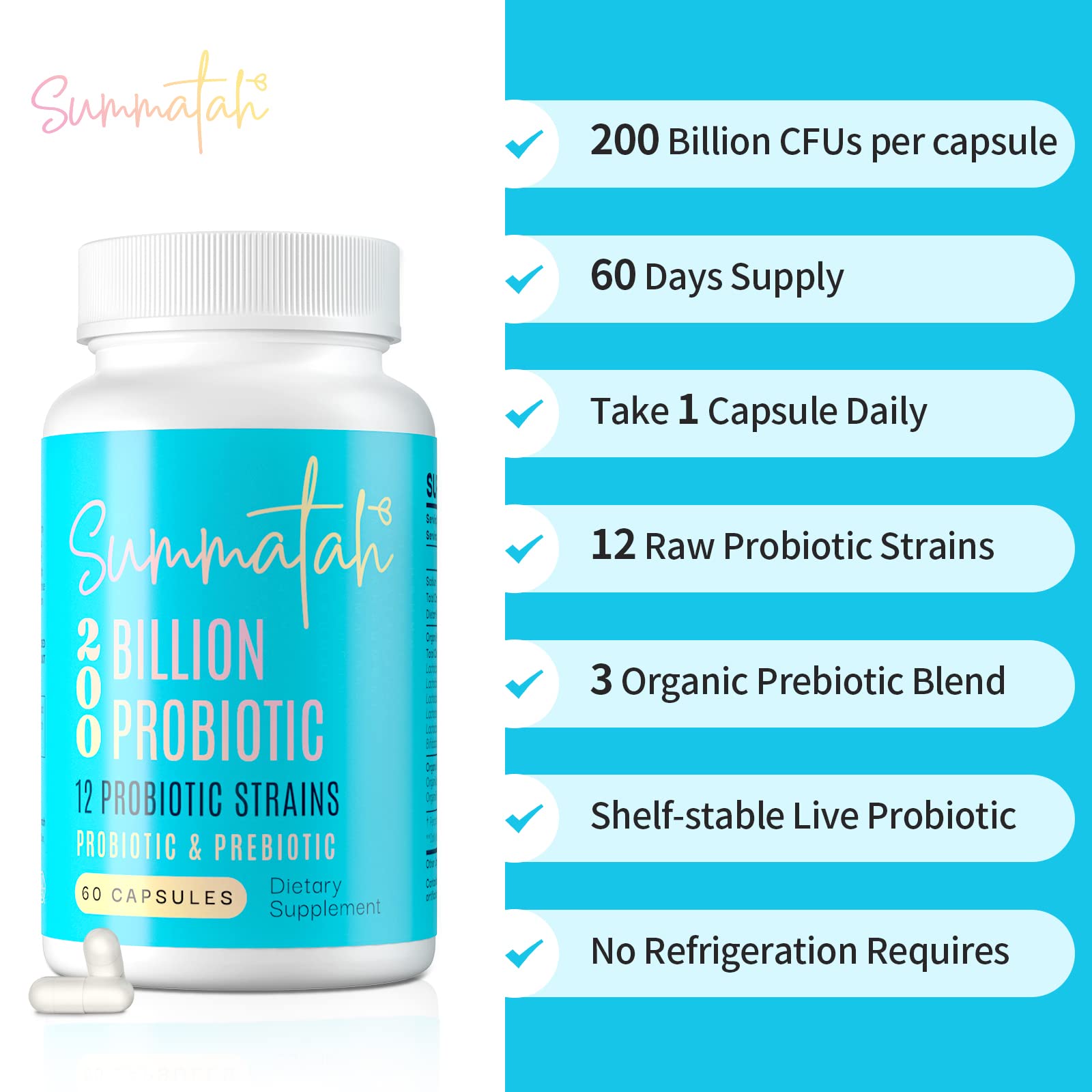 200 Billion CFU Probiotics - High Potency Probiotics for Women and Men, 12 Probiotic Strains with 3 Prebiotic, for Immune Digestive Gut Health Bloating & Gas, Shelf Stable - 60 Caps (60 Days Supply)