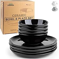 Grow Forward Porcelain Plates and Bowls Sets for 4 - Modern Aesthetic Ceramic Dinnerware Set - 4 Dinner Plates and 4 Dinner Bowls - Oven, Dishwasher & Microwave Safe Kitchen Dishes - Glossy Black