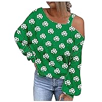 zogoxvn Women Off Shoulder T Shirt Green Tops St Patrick Day Shirts Long Sleeve T-Shirt Loose Fit Tees Fashion Going Out Tops