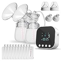Double Electric Breast Pumps, Rechargeable Breastfeeding Pump with 4 Modes, 9 Levels, LCD Display, Anti-Backflow, Double Milk Extractor -19/24mm Flange, 10 Storage Bags, White