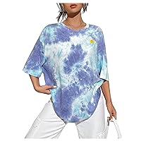 Verdusa Women's Tie Dye Summer Tees Half Sleeve Drop Shoulder T Shirt Oversized Top