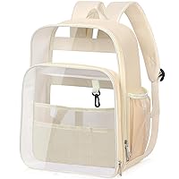 KETIEE Clear Backpack Heavy Duty, Stadium Approved TPU & Leather Transparent Backpacks for Adults with Trolley Sleeve, Large Waterproof Clear Book Bag for School Travel Work Sports Concerts (Beige)