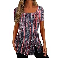 Womens Fashion Tops Square Neck Floral Blouses Sexy Dressy Casual Short Sleeve Tee Shirts Split Hem Summer Tshirt