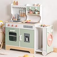 ROBUD Wooden Play Kitchen Set for Kids Toddlers, Pretend Kitchen Playset with BBQ Grill, Ice Maker, Coffee Machine, and Accessories, Toy Kitchen Gift with Lights & Sounds for Girls & Boys, Age 3+