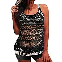 Two Piece Tankini Swimsuits Women Sexy Mesh Swim Tops with Tummy Control Shorts Cute Bathing Suit Athletic Swimwear