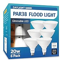 PAR38 LED Outdoor Flood Light Bulbs 6 Pack，Dimmable 20W(200W Equivalent) E26 Base Flood Light Bulbs,5000K Daylight 1800 Lumens LED Flood Light for Outdoor Garden,Garage,Yards