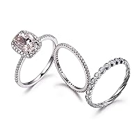 Morganite Engagement Ring Set 6x8mm Oval Pink Stone Full Eternity Band Twist Bezel Diamond Wedding Ring