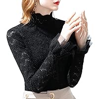 Women's Fashion Lace Top High Neck Bell Sleeve Sexy Hollow Out Crochet Patchwork Blouses Sheer Mesh Work Shirts